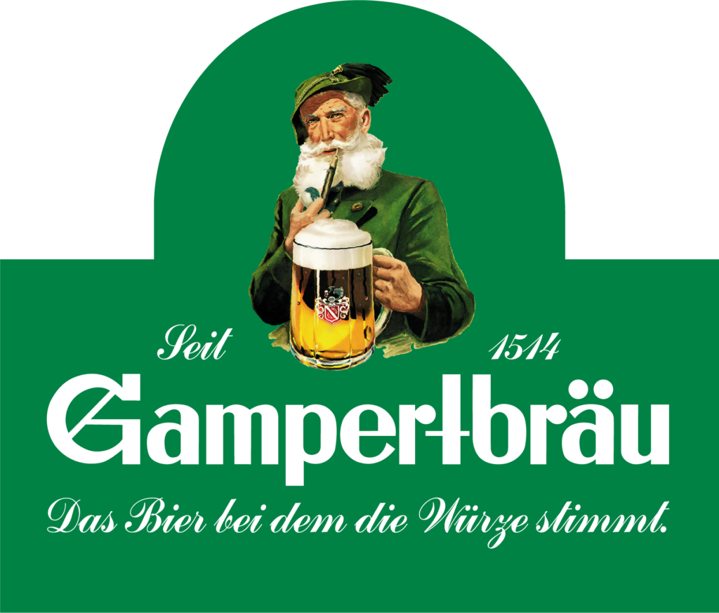 Older man with a white beard in green clothing holds a foamy beer mug and pipes a drink in an advertising poster background (green)