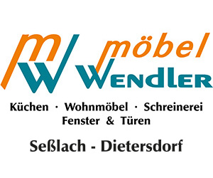 Wendler Möbel logo with teal and orange lettering, advertising Küchen, Wohnmöbel, Schreinerei, Fenster & Türen, Seßlach–Dietersdorf.